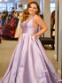 A Line V Neck Lilac Satin Pleats Prom Dress with Pockets LBQ2302